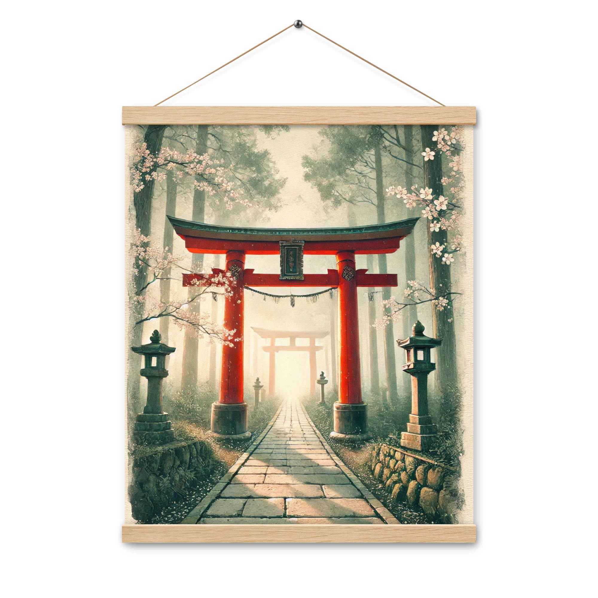 Vintage Japanese Torii Watercolor Poster with Hanger