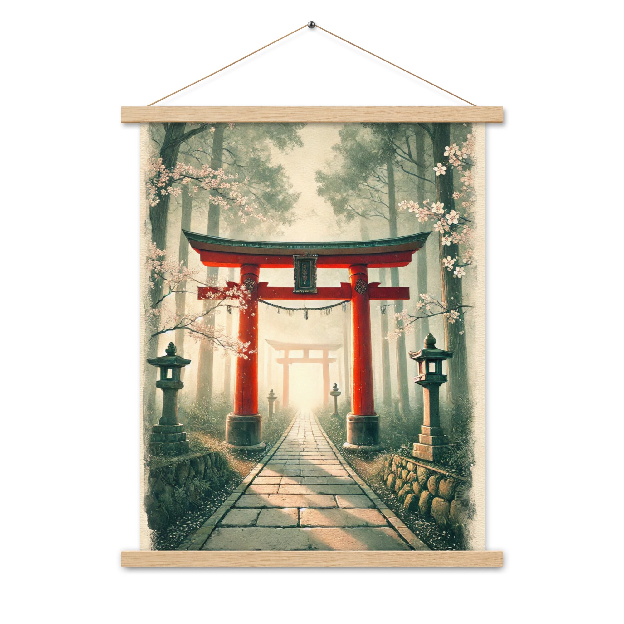 Vintage Japanese Torii Watercolor Poster with Hanger