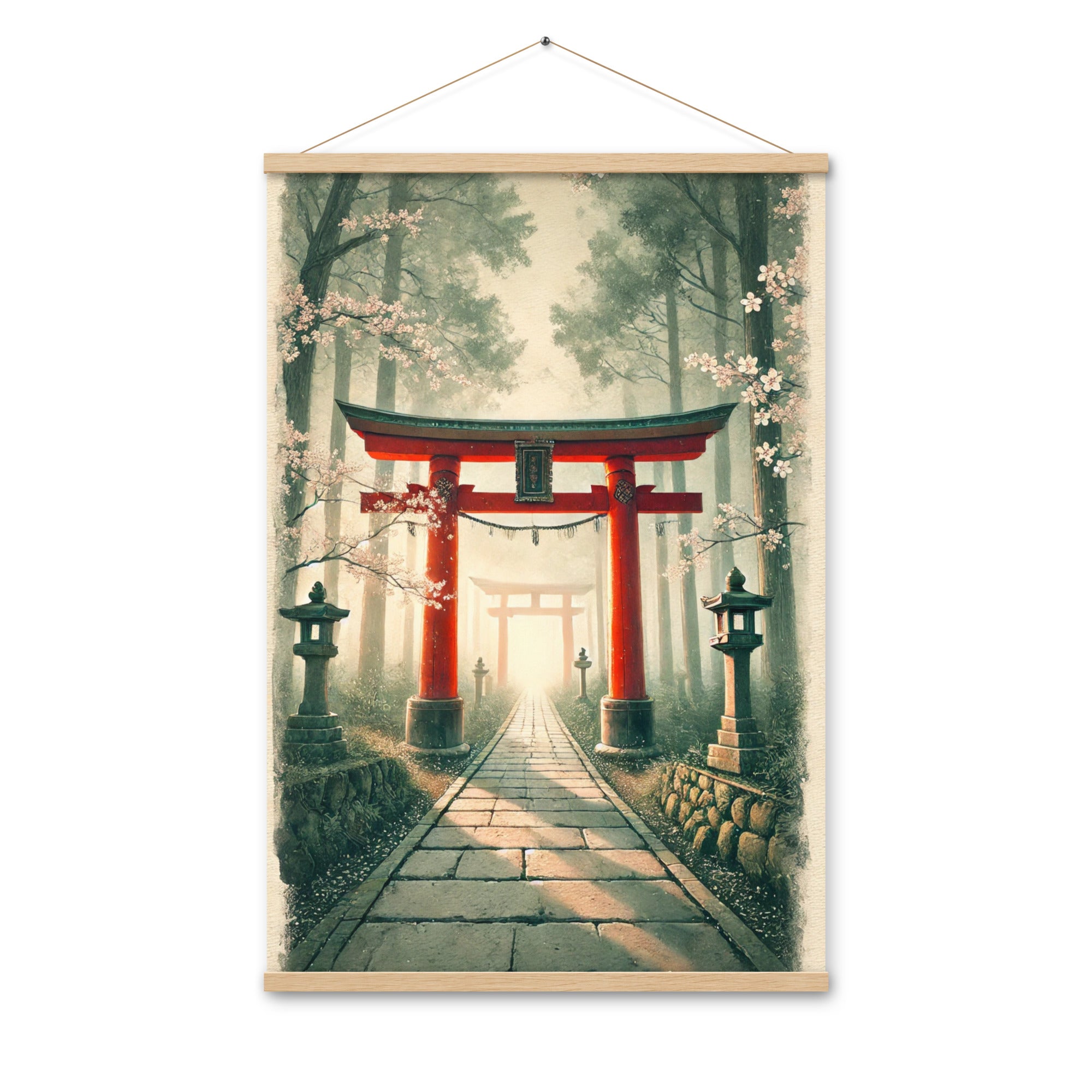 Vintage Japanese Torii Watercolor Poster with Hanger