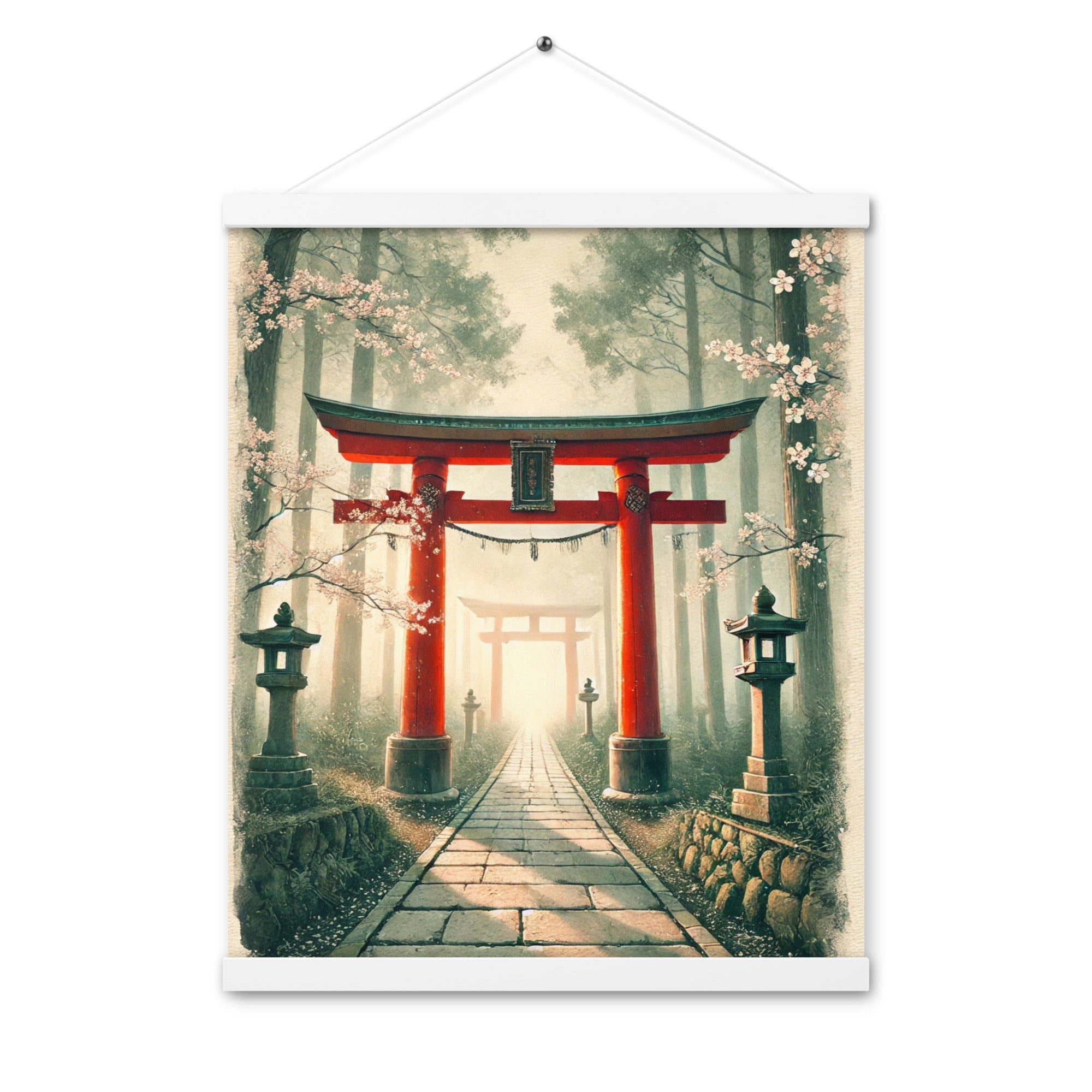 Vintage Japanese Torii Watercolor Poster with Hanger