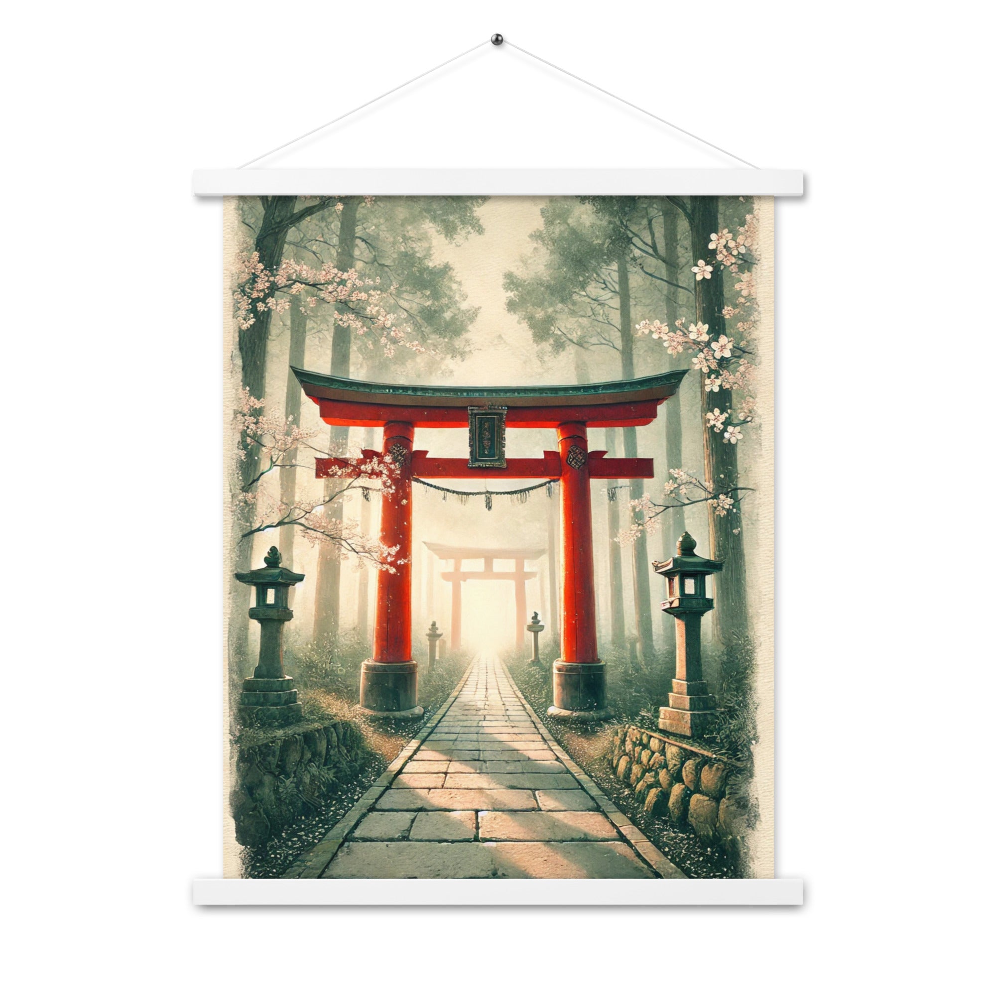 Vintage Japanese Torii Watercolor Poster with Hanger