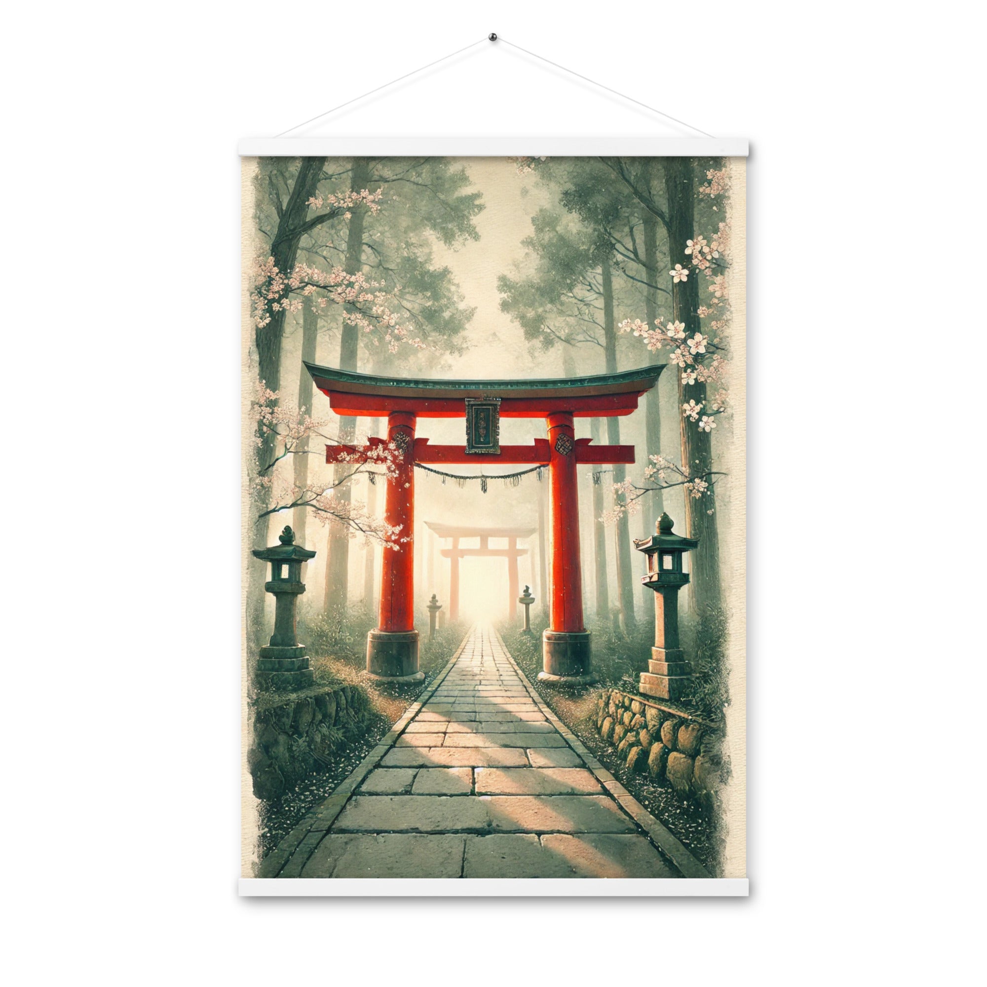 Vintage Japanese Torii Watercolor Poster with Hanger